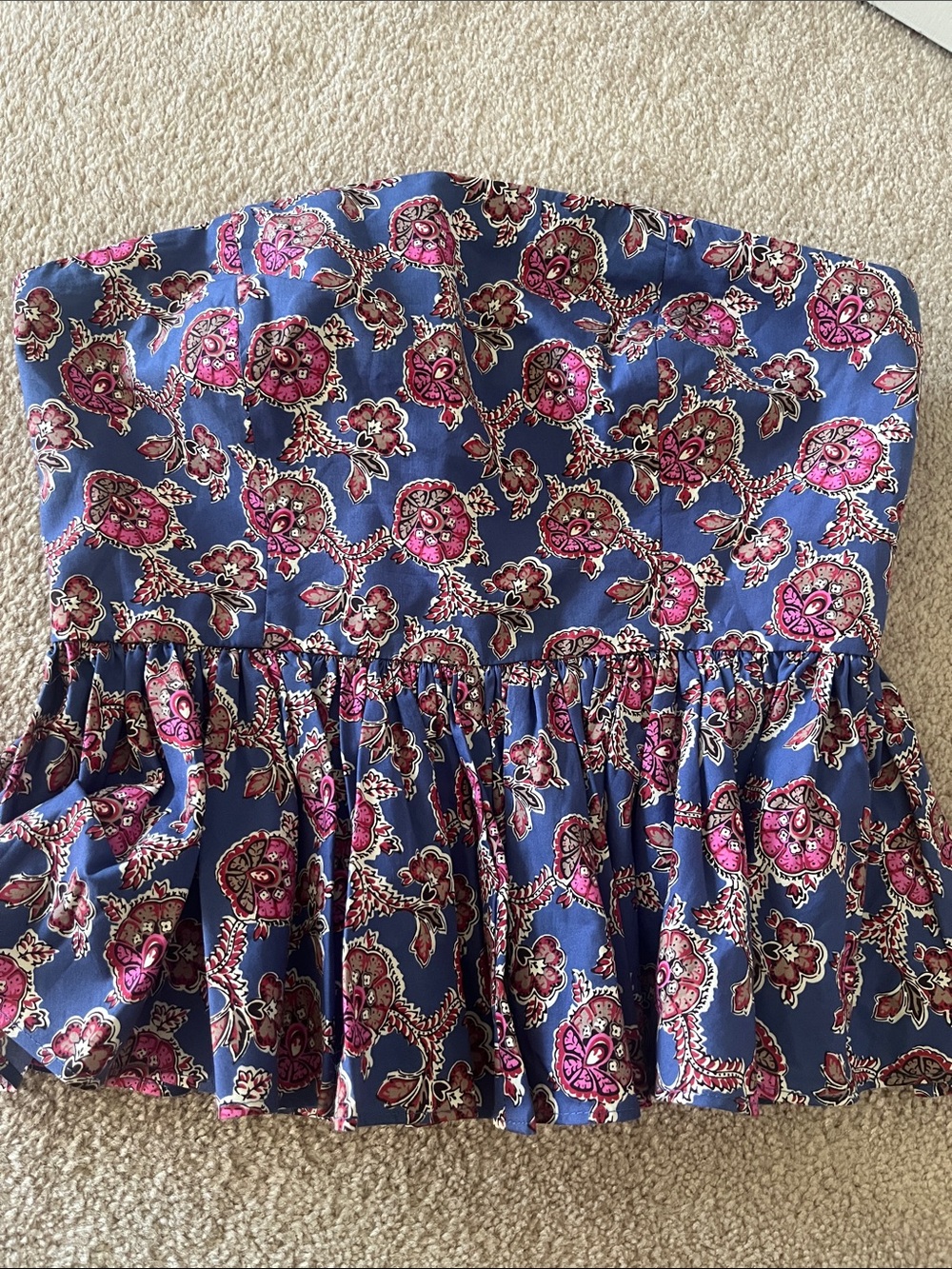 J. Crew Strapless Peplum Top in Blue with Pink Paisley Print